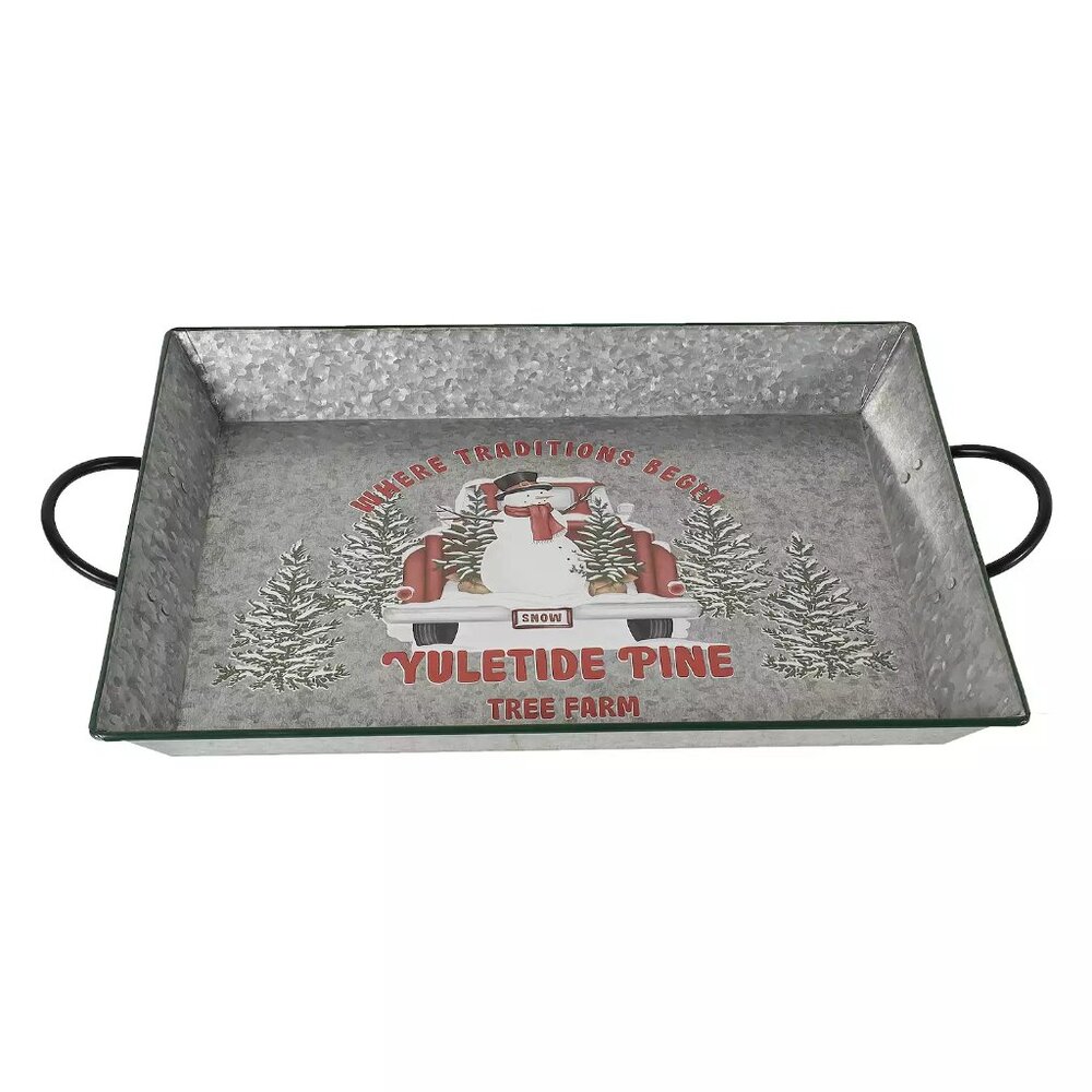 St. Nicholas Square Snowman Galvanized White Washed Tray